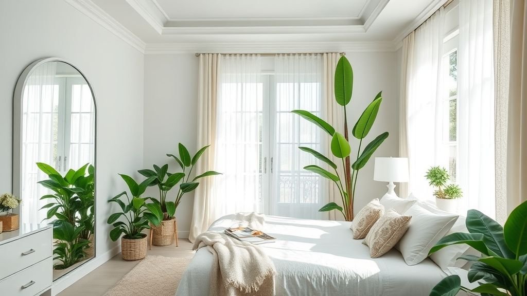 Plant Lover Bedroom Ideas: Bring Nature Into Your Sleep Sanctuary 13 Bedroom with mirrors reflecting emerald green plants and bright white interiors.