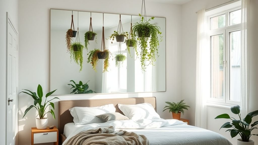 Modern Plant Lover Bedroom Ideas for a Serene Escape 11 Bedroom with mirror reflecting plants and light to expand visual space.