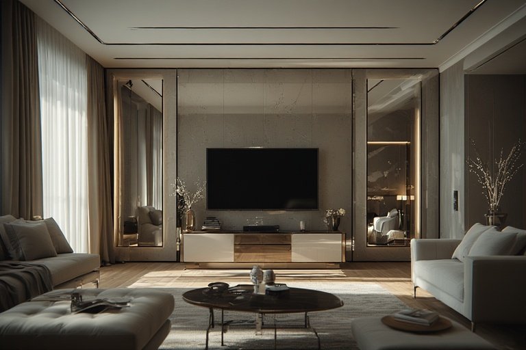 A modern living room with mirror accents around the TV to enhance brightness and depth.