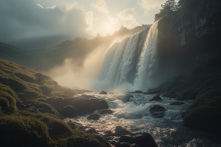 Waterfall Ideas for Hillside Landscapes 7 Misty hillside waterfall with sunlit rainbow effects and gentle water spray.