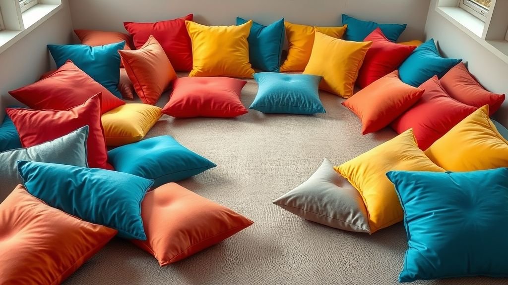 Stylish Floor Seating Ideas for Cozy Spaces 3 Floor seating with colorful mixed pillows in bright shades on a neutral rug.
