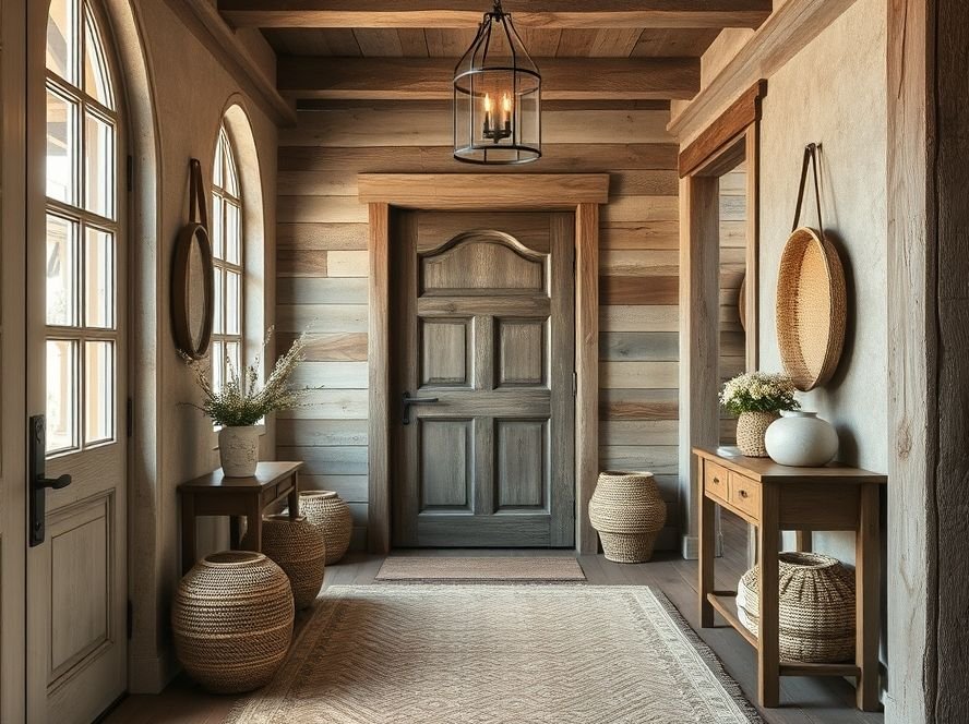 Rustic Entryway Ideas: Transform Your Home’s First Impression 9 Rustic entryway featuring a large statement mirror above a wood console.