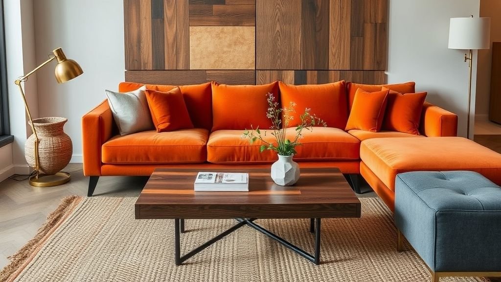 Modern Living Room Ideas 10 Contemporary living room blending wood, velvet, and metal textures for stylish warmth.