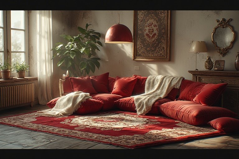 Floor Seating Ideas for a Cozy and Stylish Space 14 A floor seating setup mixing modern and traditional design with ruby and cream tones.