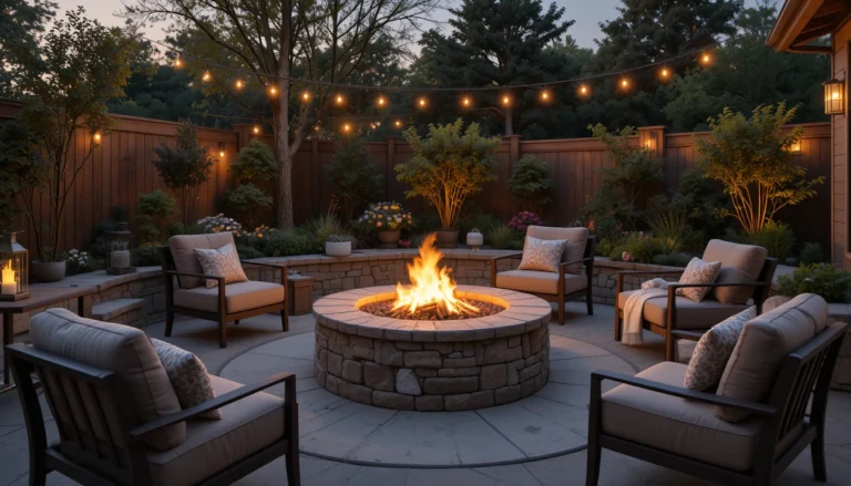 A hyper realistic modern backyard fire pit at dusk with cozy seating, glowing firelight, and warm ambient lighting.