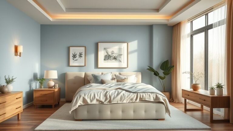 Luxurious modern bedroom with pastel walls, layered bedding, warm lighting, and elegant wooden furniture creating a peaceful atmosphere.