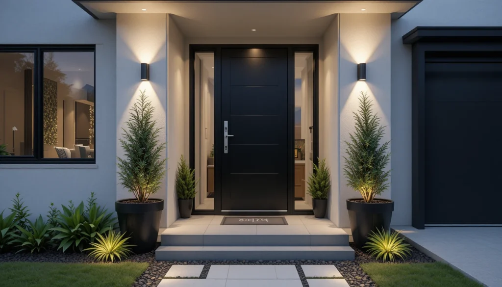 Contemporary entryway with black door, modern planters, and LED pathway lights.