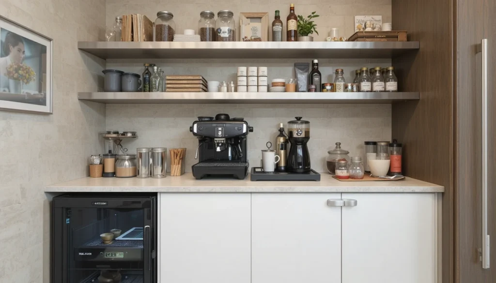 Coffee Bar Ideas for a Stylish and Cozy Home Setup 10 Sleek home coffee bar with mini fridge and milk frother.
