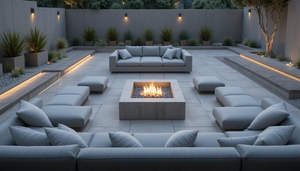 A modern square concrete fire pit surrounded by sleek furniture and soft ambient lighting.