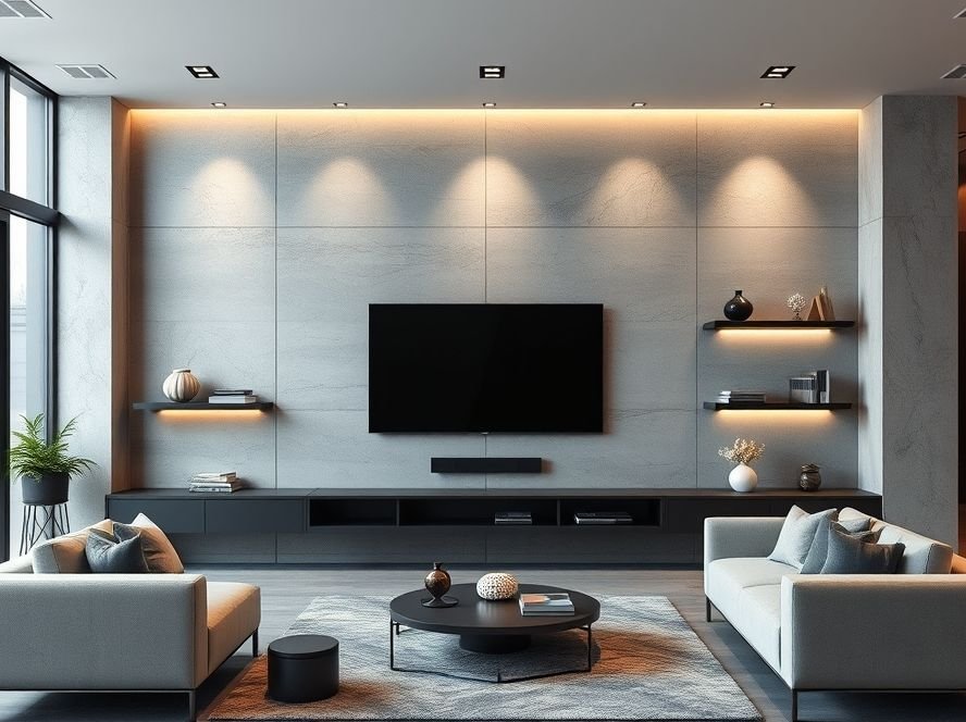 Modern Living Room TV Wall Ideas 9 Modern concrete or stone TV wall with industrial texture and built-in lighting.