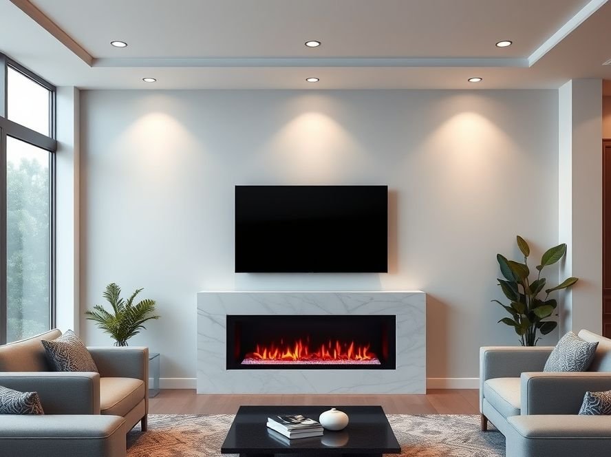 Modern Living Room TV Wall Ideas 6 Modern fireplace and TV combo design with marble surround and ambient lighting.