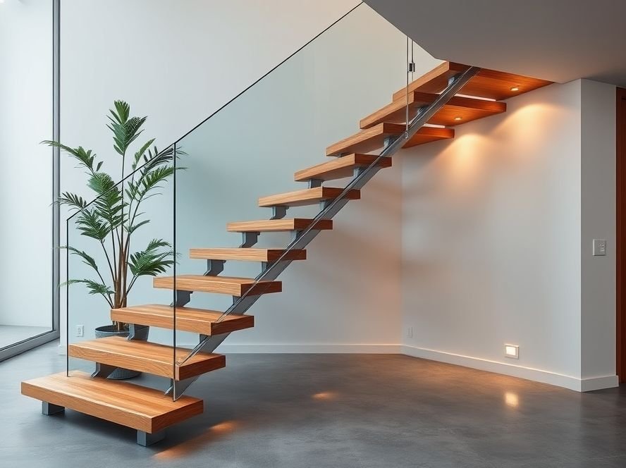 Staircase Design Ideas to Transform Your Home 2 Modern floating wooden stairs with glass railing, recessed lighting, and polished concrete floors.