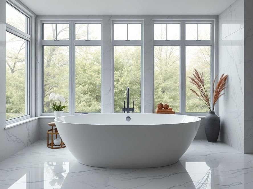 Luxury Bathroom & Shower Design Ideas 2 Modern freestanding bathtub with marble flooring and minimalist luxury bathroom decor.