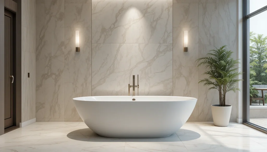 Luxury Bathroom & Shower Design Ideas 4 Modern freestanding bathtub in a luxury minimalist bathroom.