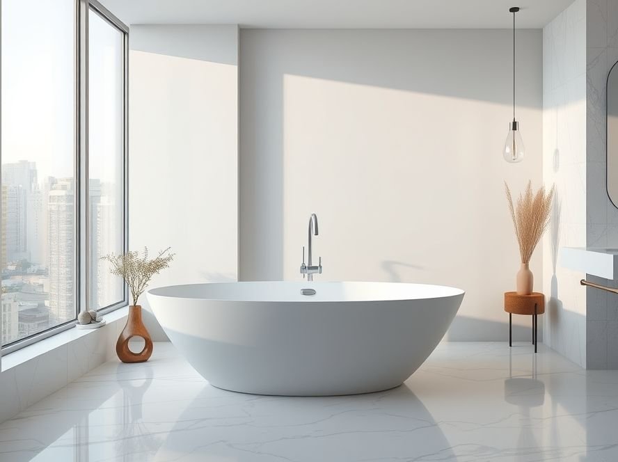 Modern freestanding bathtub in a luxury bathroom with marble and minimalist decor.