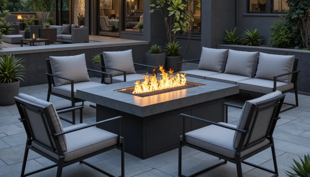 A modern gas fire pit with clean design and adjustable flames on a stylish patio.