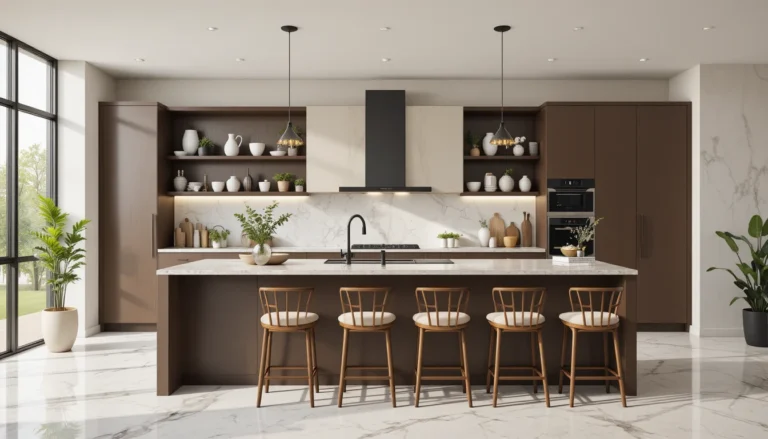 Modern kitchen with matte brown cabinets, beige countertops, pendant lighting, and a central island designed for stylish, functional living.