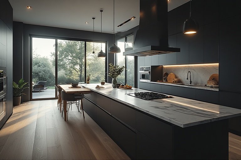 Modern kitchen with black and marble finishes, pendant lights, and stainless-steel appliances.