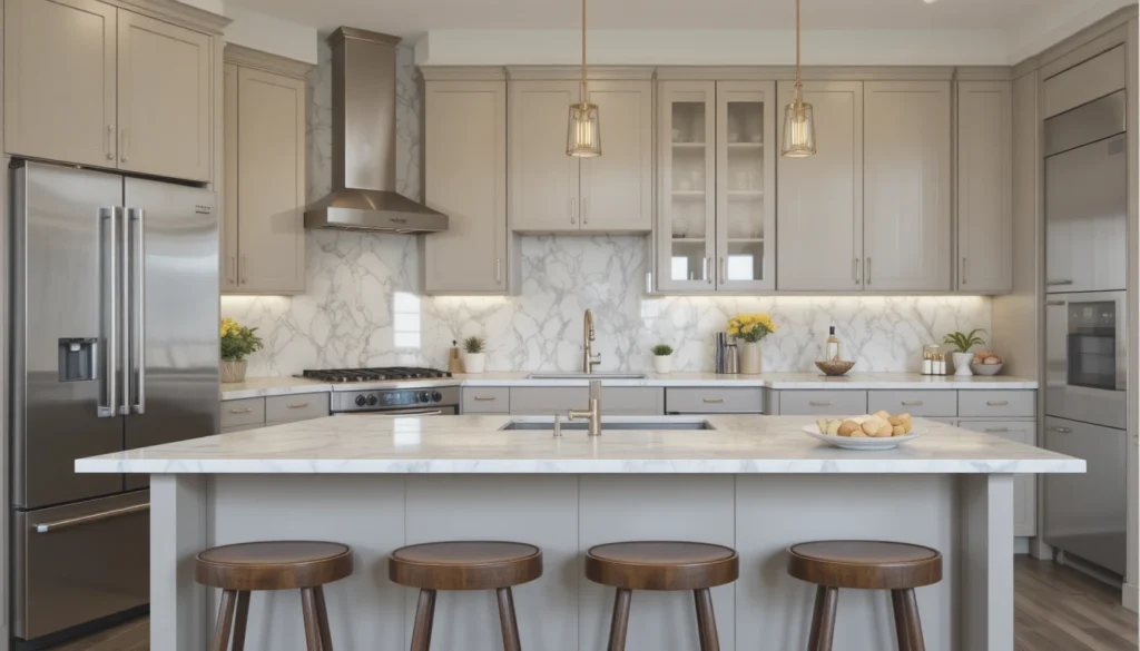Modern Kitchen Design for Stylish Functional Living 4 Modern kitchen with quartz countertops, beige cabinets, and stainless-steel appliances for a refined, durable design.