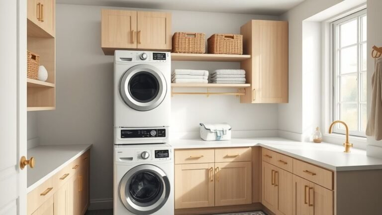 Stylish modern laundry room with wooden cabinets, white countertops, gold fixtures, and neatly organized shelves.