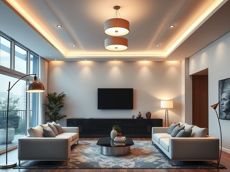 Modern Living Room Designs: Stylish Ideas for a Contemporary Home 6 Modern living room lighting with pendant and recessed fixtures creating ambient glow.