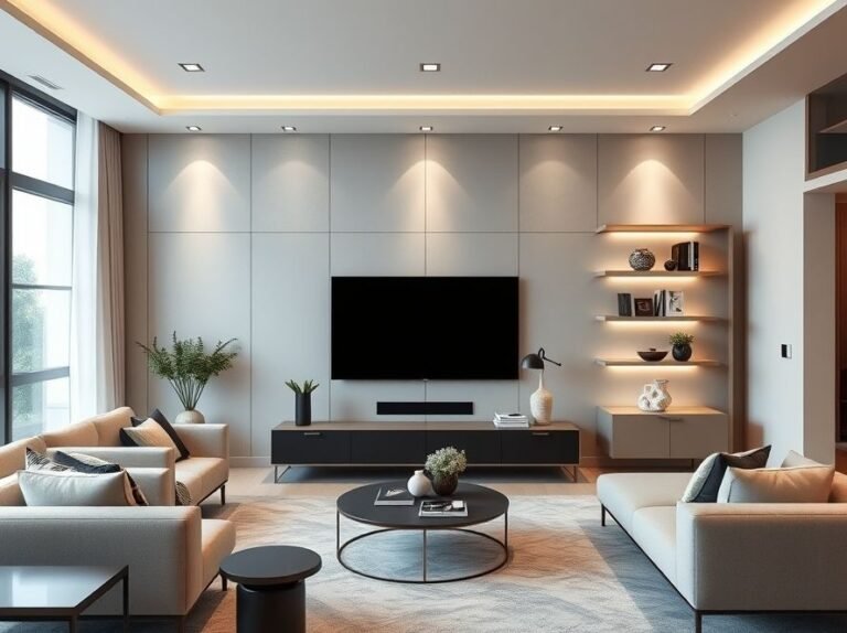 Modern living room TV wall ideas featuring sleek finishes, floating consoles, and built-in lighting.