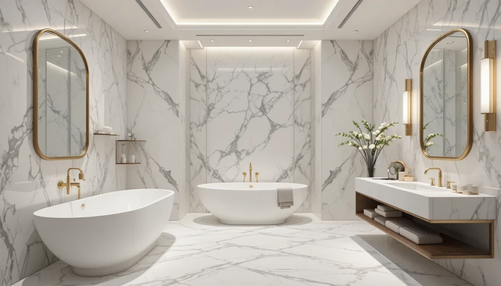 Luxury Bathrooms Inspiration 2 Modern marble elegance bathroom with white marble, gold accents, and minimalist design.