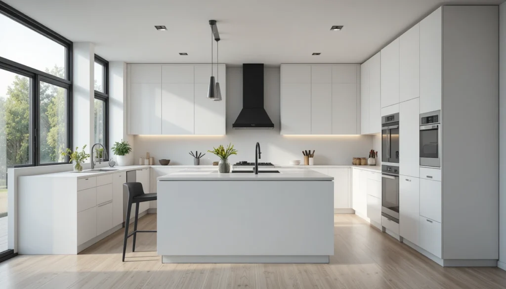 Kitchen Ideas: Inspiring Home Décor Tips for Every Style 2 Modern minimalist kitchen design with white cabinets, open space, and sleek black accents.