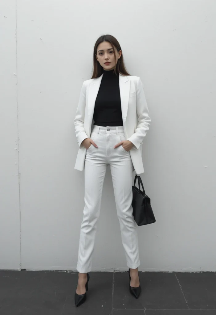 Business Basual Outfits 3 A model dressed in an all-white monochrome outfit with gold jewelry, showcasing the 2025 “Modern Monochrome Magic” trend in business casual fashion.