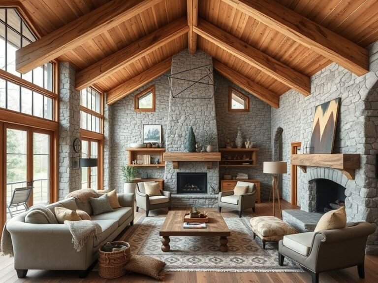 Modern rustic cabin retreat interior with natural materials, warm lighting, and cozy layered decor.