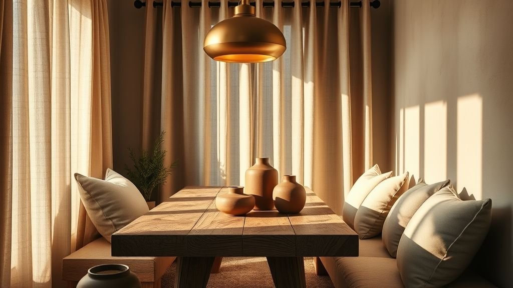 Cozy Home Interiors That Speak Emotion and Style 5 Modern rustic corner with oak table, beige cushions, and handmade pottery under warm golden lighting and soft linen textures.