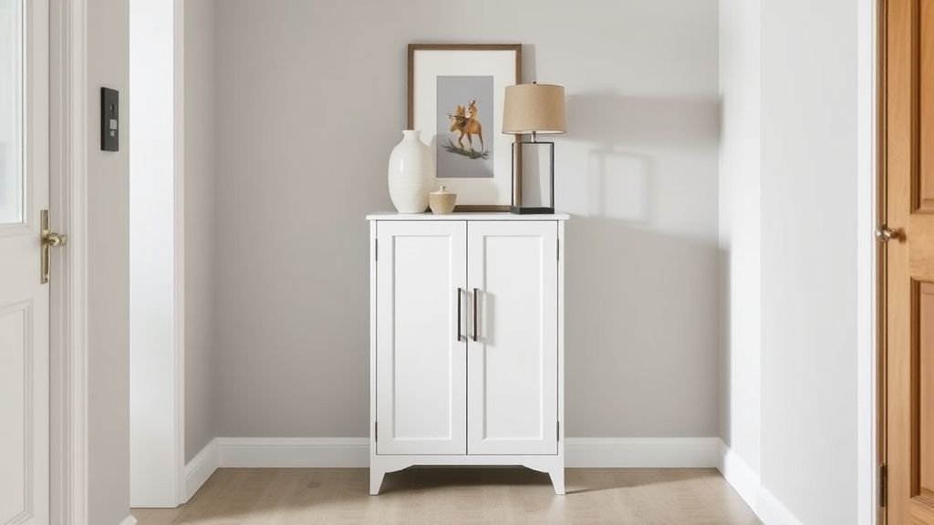 Shoe Storage Ideas for Stylish and Organized Homes 10 Minimalist white shoe cabinet with wooden doors in a stylish entryway.