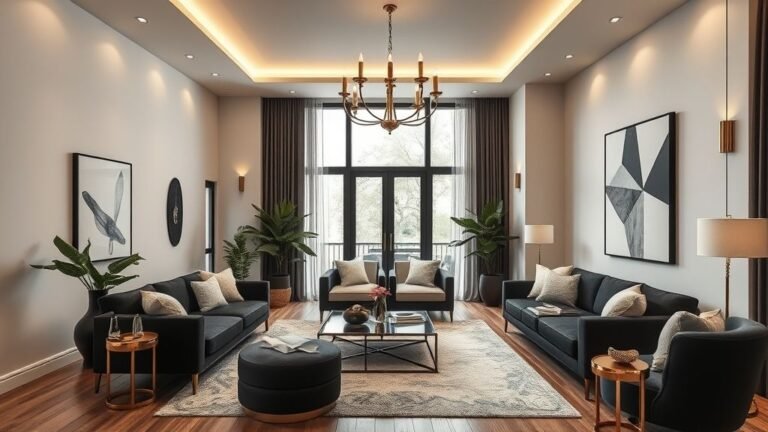 Modern townhouse interior with black and gold furniture, warm lighting, and minimalist décor for a stylish and inviting living space.