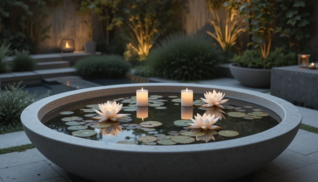 Backyard Water Features for a Serene Outdoor Escape 6 Minimalist backyard with a concrete water bowl, floating candles, and lotus flowers.