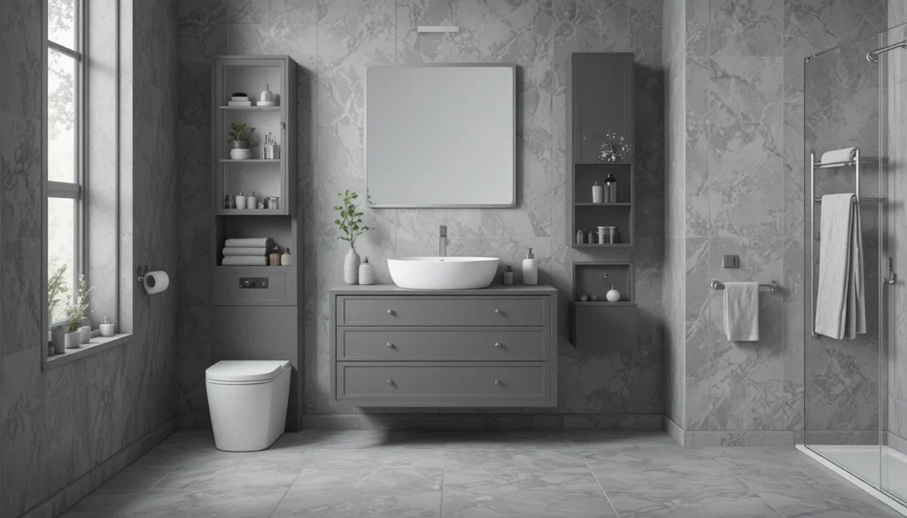16 Bold and Beautiful Bathroom Vanity Ideas for Apartments 12 Gray monochrome vanity with white basin in stylish apartment bathroom.