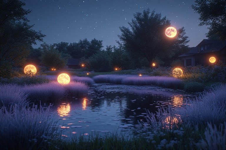 Backyard Water Features for a Tranquil Outdoor Escape 10 Glowing moon orbs over a reflecting pond in a dreamlike night garden