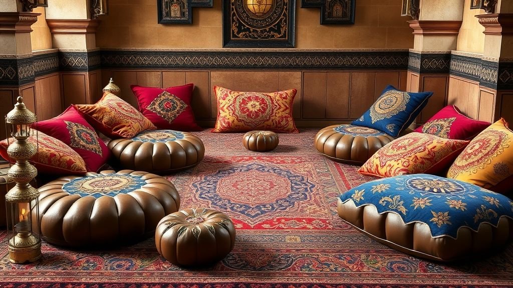 Floor Seating Ideas for a Cozy and Stylish Space 6 Moroccan-style floor seating with colorful rugs, gold lanterns, and red leather poufs.