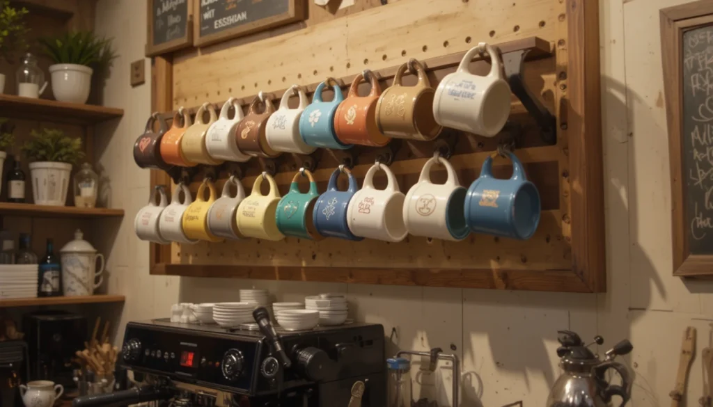 Coffee Bar Ideas for a Stylish and Cozy Home Setup 6 Coffee wall with mug rack and espresso setup beneath rustic décor.