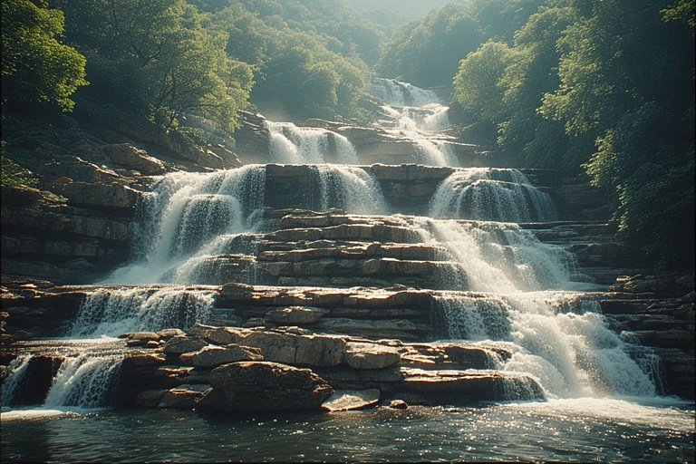 Waterfall Ideas for Hillside Landscapes 4 Multi-tier cascading waterfall flowing down rocky hillside with greenery around.