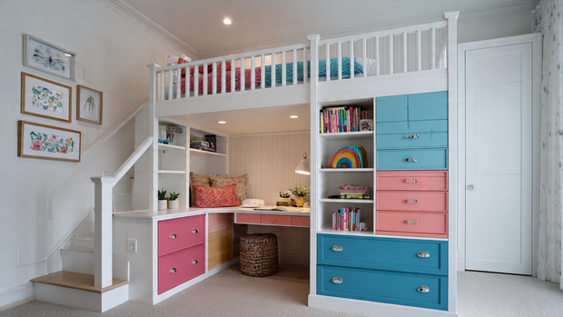 16 Whimsical Kids Room Ideas to Brighten Your Home Decor 5 Kids room with loft bed, study desk, and colorful built-in storage.