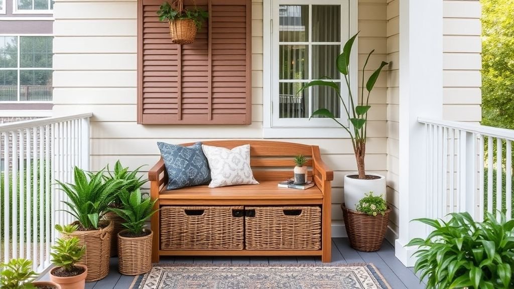16 Stylish Balcony Ideas to Elevate Your Home Design 15 Balcony with storage bench, woven baskets, and decorative plants.