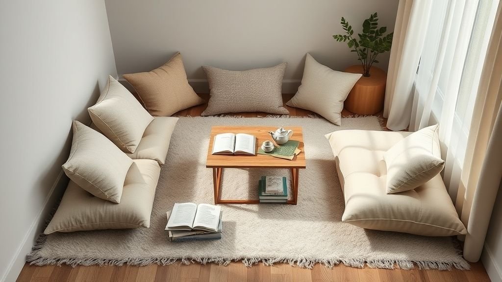 Stylish Floor Seating Ideas for Cozy Spaces 10 Multi-use floor seating corner with books, tea set, and cozy cushions.