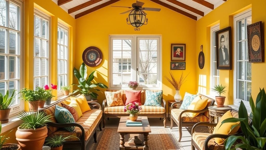 Sunroom Design Ideas for Bright and Relaxing Spaces 11 vibrant mustard and olive sunroom with decorative cushions and sunlight