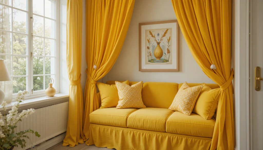 Cozy Home Interiors for Comfort and Timeless Charm 5 A cozy reading corner in mustard yellow with warm lighting and soft furnishings.