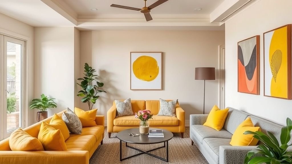 Home Decor Ideas for a Stylish and Inviting Space 7 Living room featuring mustard-yellow décor accents and modern wall art for a lively touch.