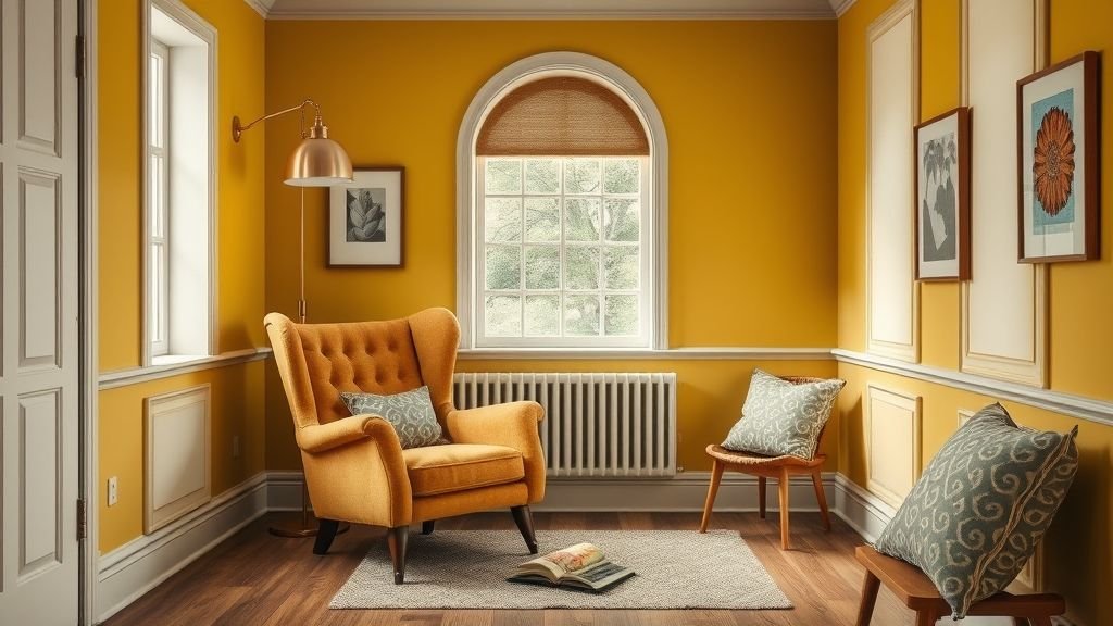 Cozy Reading Nook Ideas for a Peaceful Escape 7 Reading corner with mustard tones, velvet chair, and warm lighting.