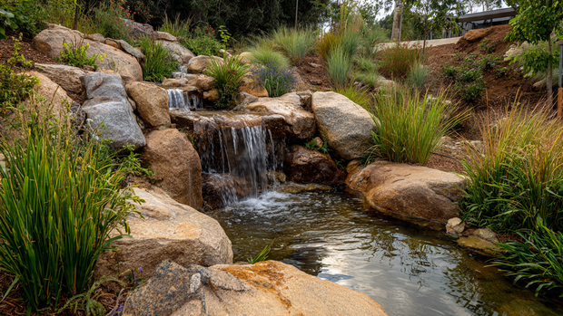 16 Natural Stone Waterfall for Hillside Beauty and Relaxation 9 Ferns and grasses growing around a natural stone waterfall on a hillside.