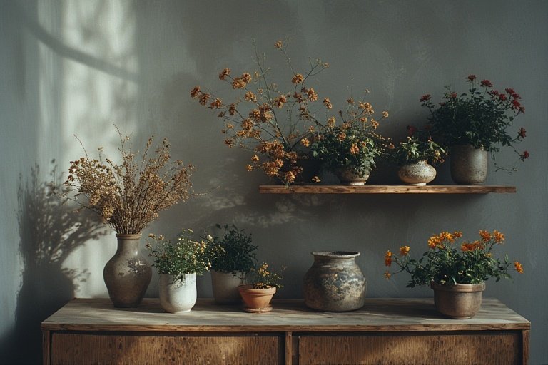 16 Affordable Cozy Home Decor for Modern Interiors 6 Cozy home decor with green plants, dried flowers, and ceramic accessories.
