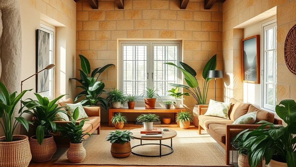 Modern Living Room Ideas 8 Living room with indoor plants and wooden furniture creating a fresh, nature-inspired vibe.