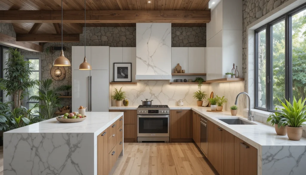 Modern Kitchen Design for Stylish Functional Living 9 Kitchen with wooden accents, stone textures, and greenery creating a modern organic design.